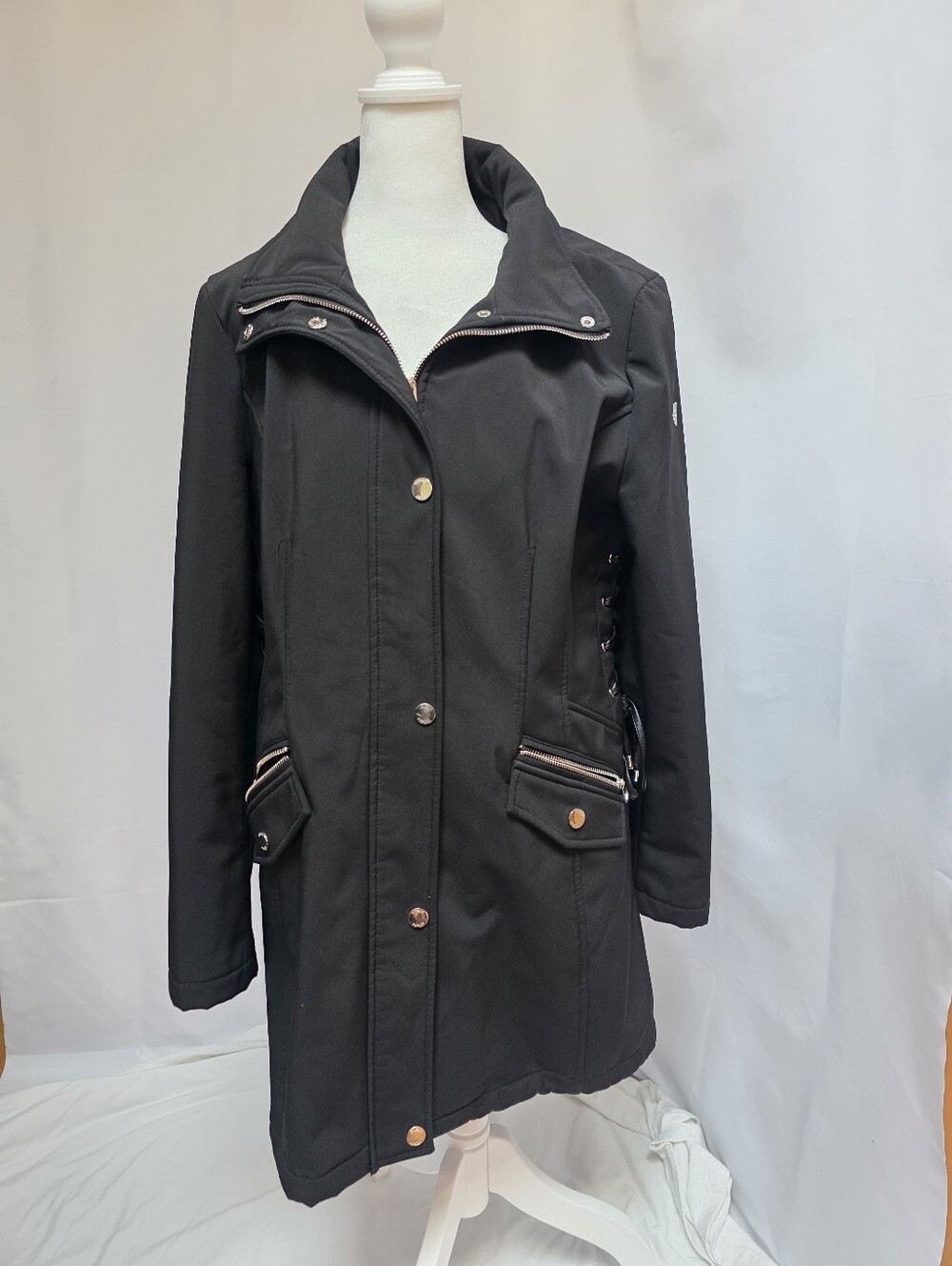 Guess Women's Black Softshell Fleece Lined Lace-Up Coat Jacket XL